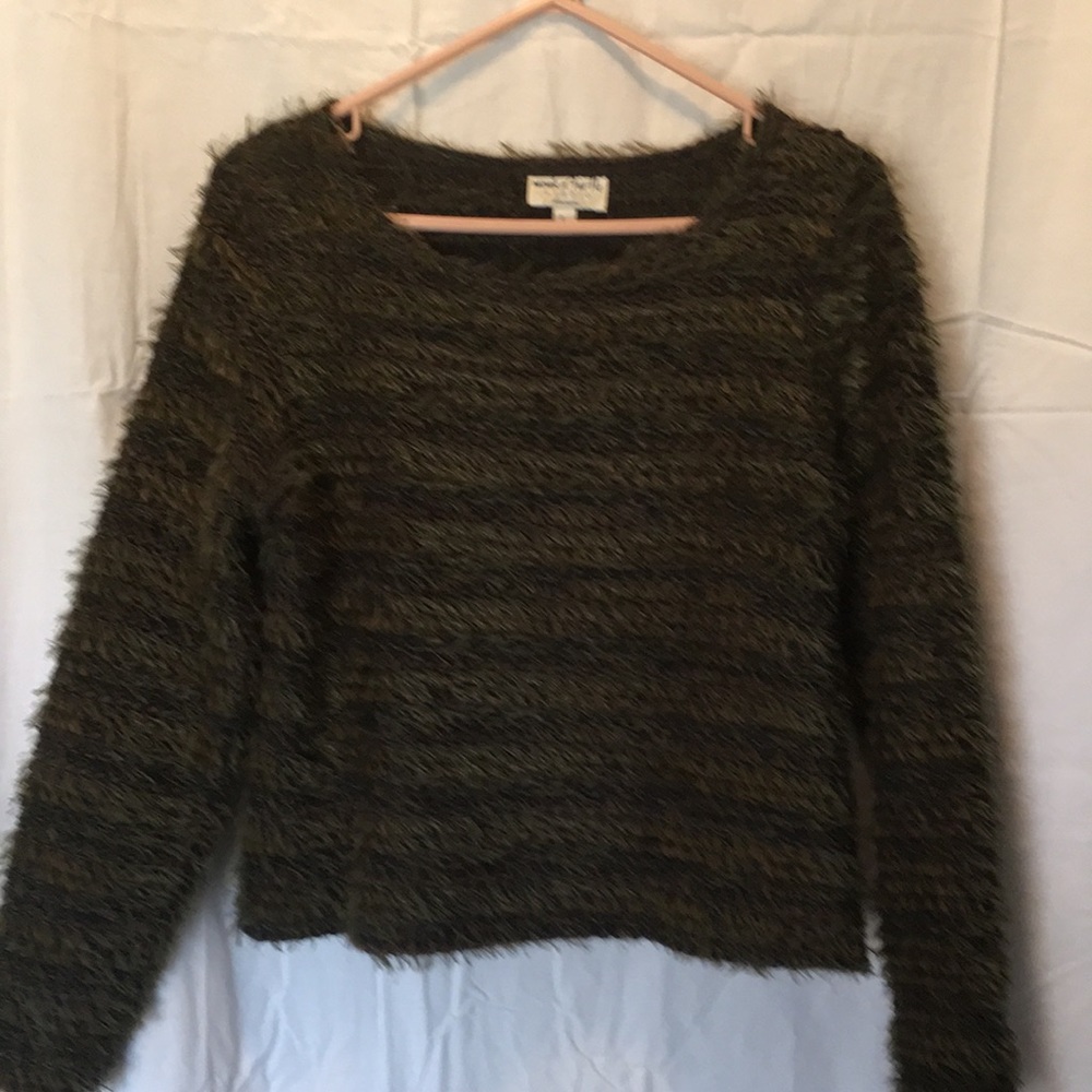Fringed Olive and Brown weave Top